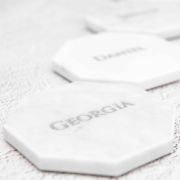 Engraved Wedding White Octagonal Marble Coaster with Metallic Silver In-fill