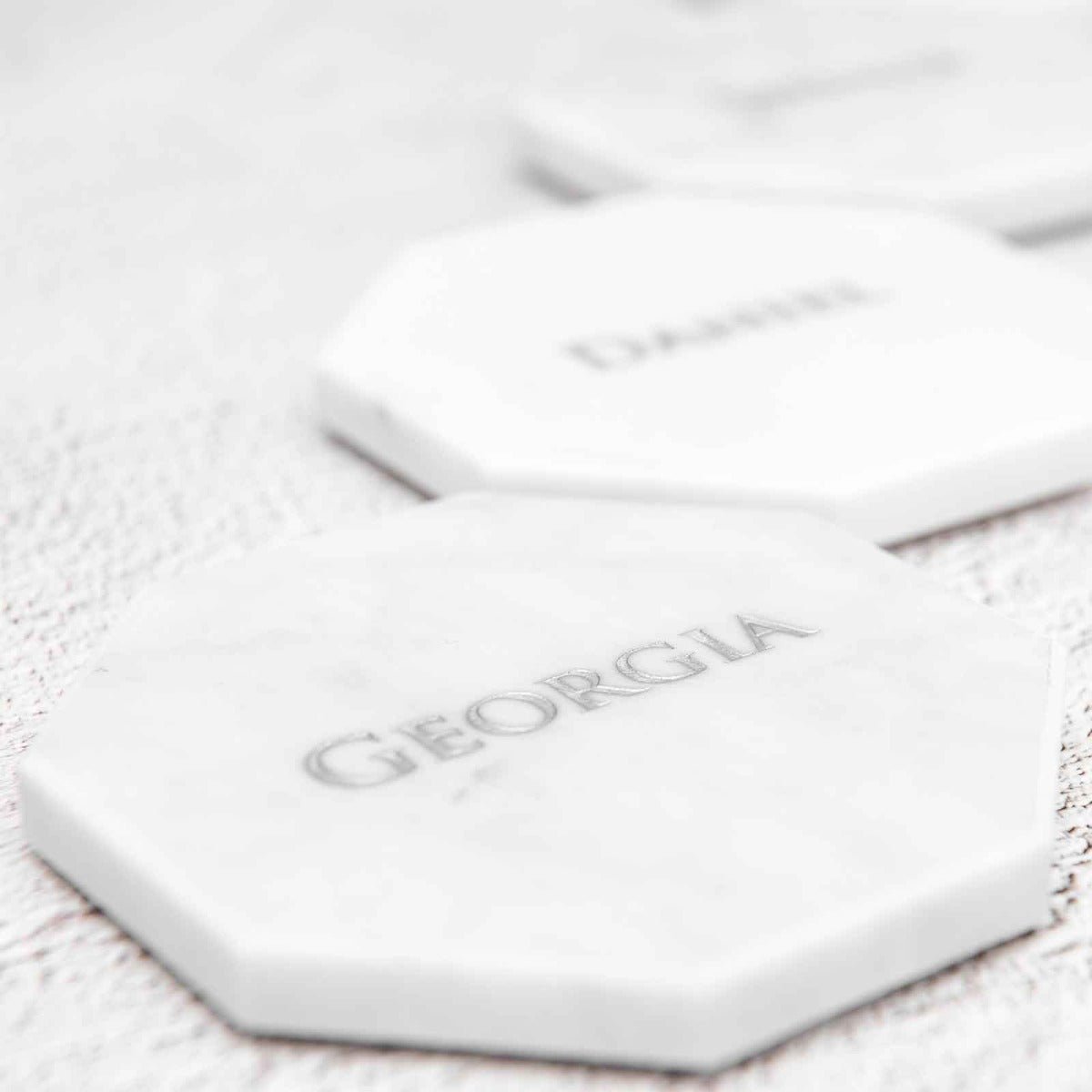 Engraved Wedding White Octagonal Marble Coaster with Metallic Silver In-fill