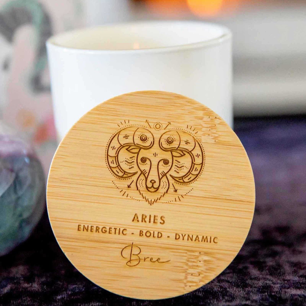 Engraved Wooden Lid Zodiac Soy Candle Aries with Wood Wick