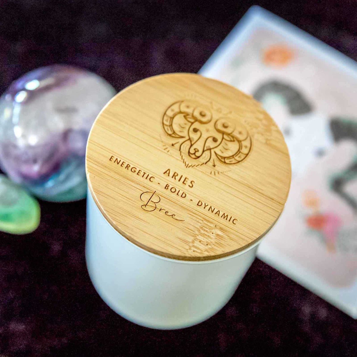Engraved Wooden Lid Zodiac Soy Candle Aries with Wood Wick