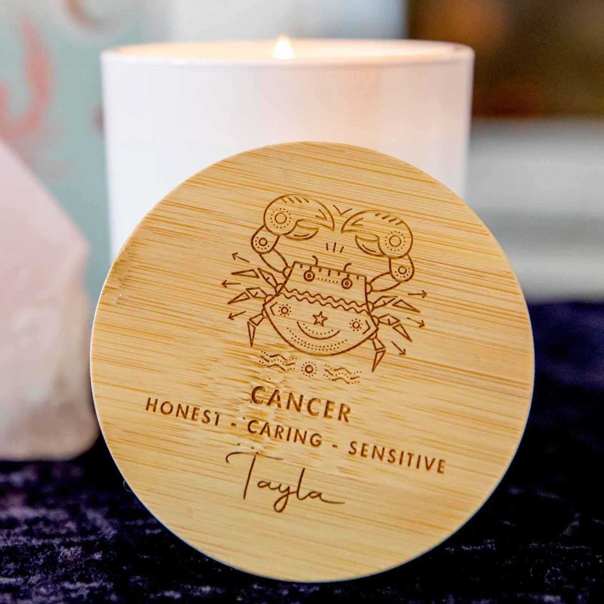 Engraved Wooden Lid Zodiac Soy Candle Cancer with Wood Wick