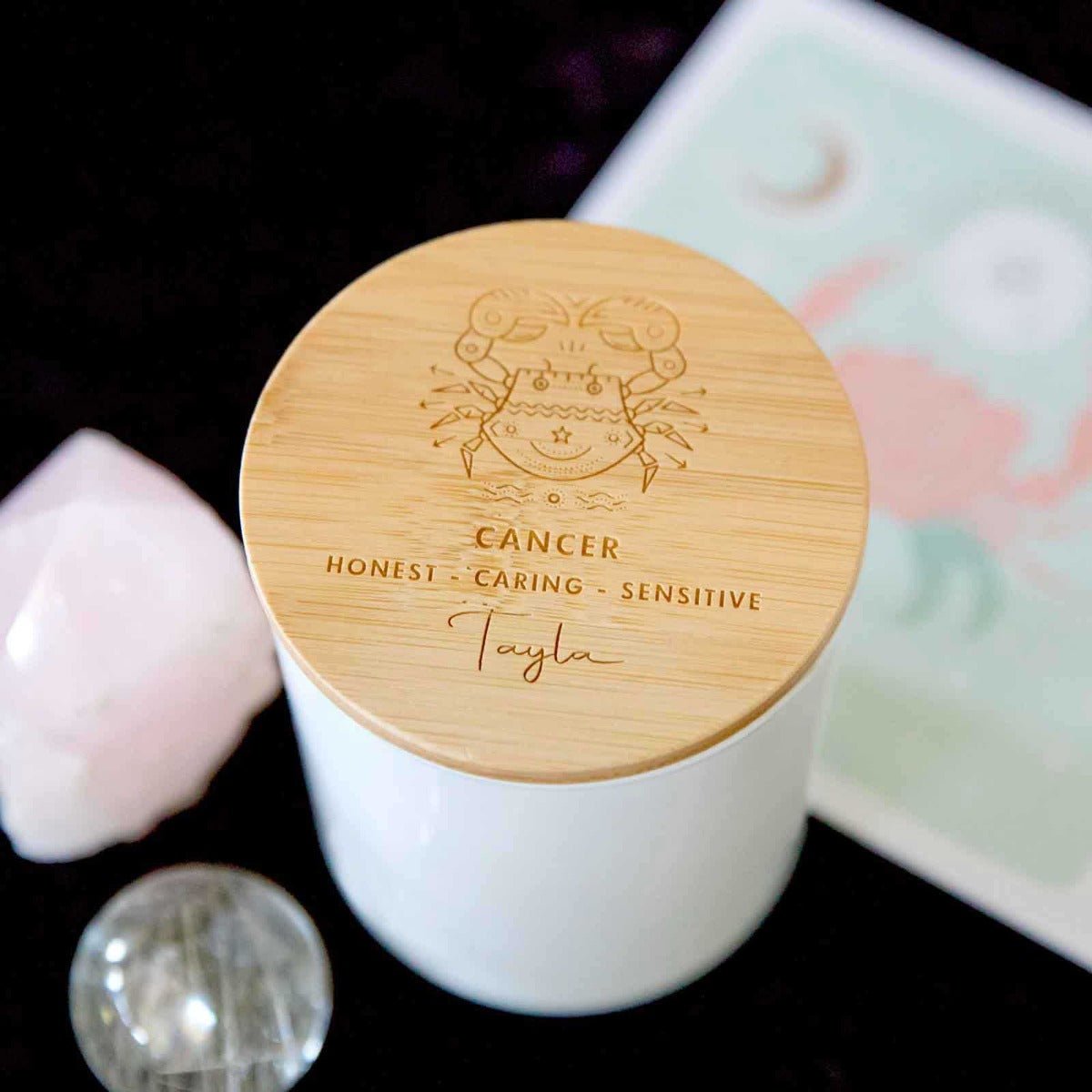 Engraved Wooden Lid Zodiac Soy Candle Cancer with Wood Wick