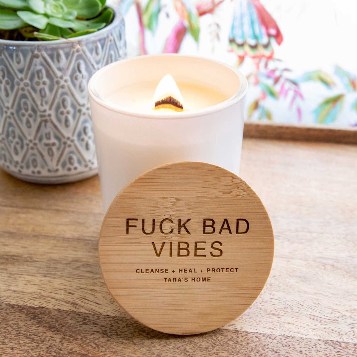 No Bad Vibes Wood Wick Soy Candle with Engraved Wooden Lid
