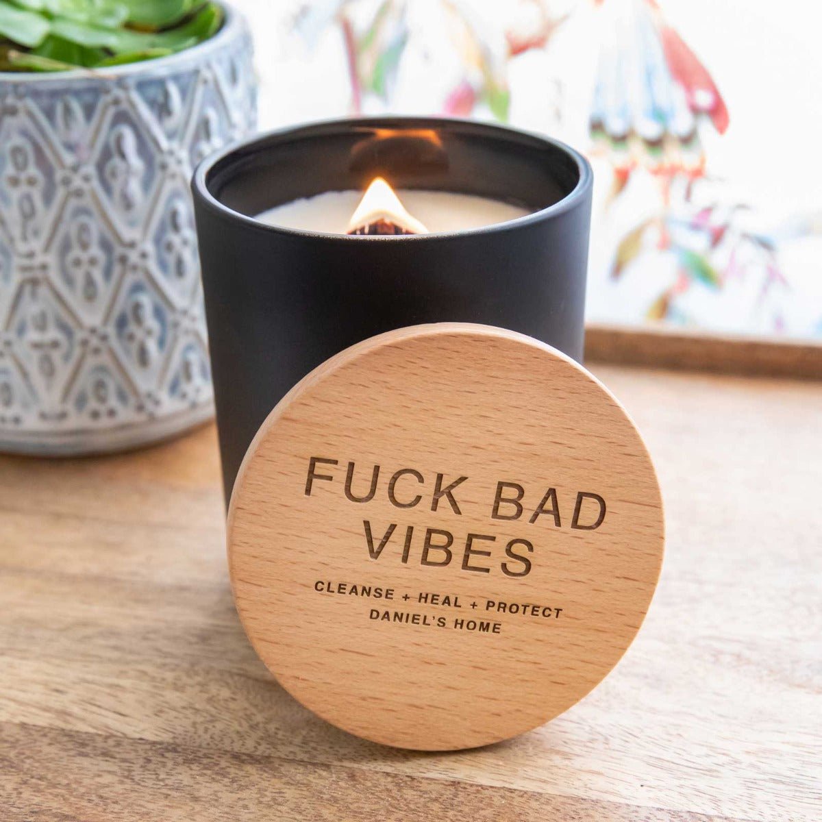 No Bad Vibes Wood Wick Soy Candle with Engraved Wooden Lid