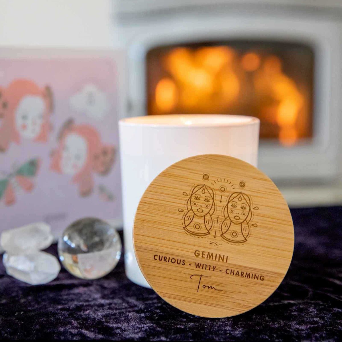 Engraved Wooden Lid Zodiac Soy Candle Gemini with Wood Wick