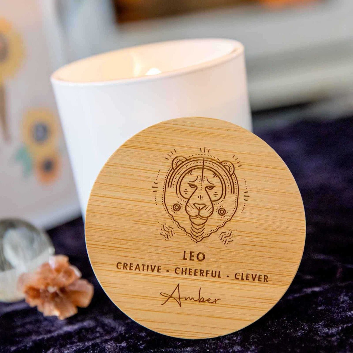 Engraved Wooden Lid Zodiac Soy Candle Leo with Wood Wick