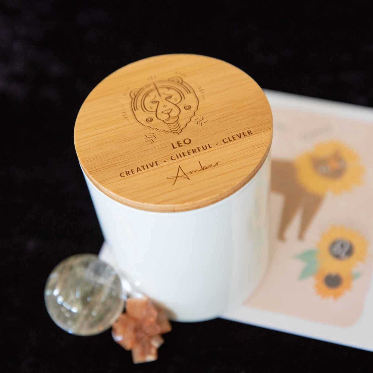 Engraved Wooden Lid Zodiac Soy Candle Leo with Wood Wick