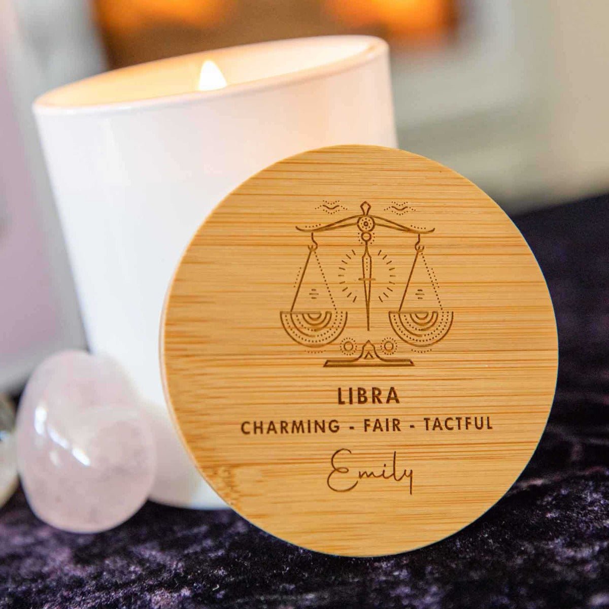 Engraved Wooden Lid Zodiac Soy Candle Libra with Wood Wick