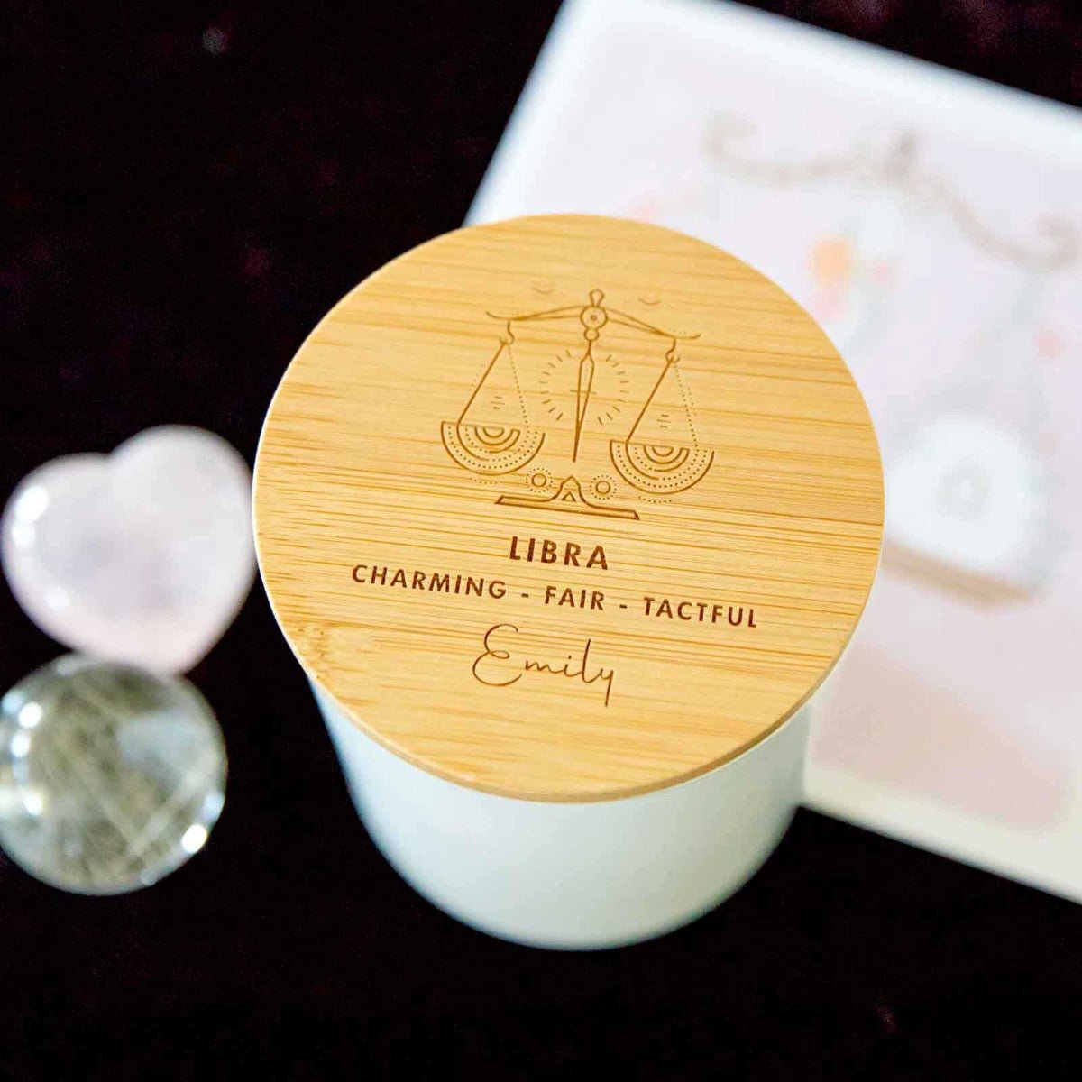 Engraved Wooden Lid Zodiac Soy Candle Libra with Wood Wick