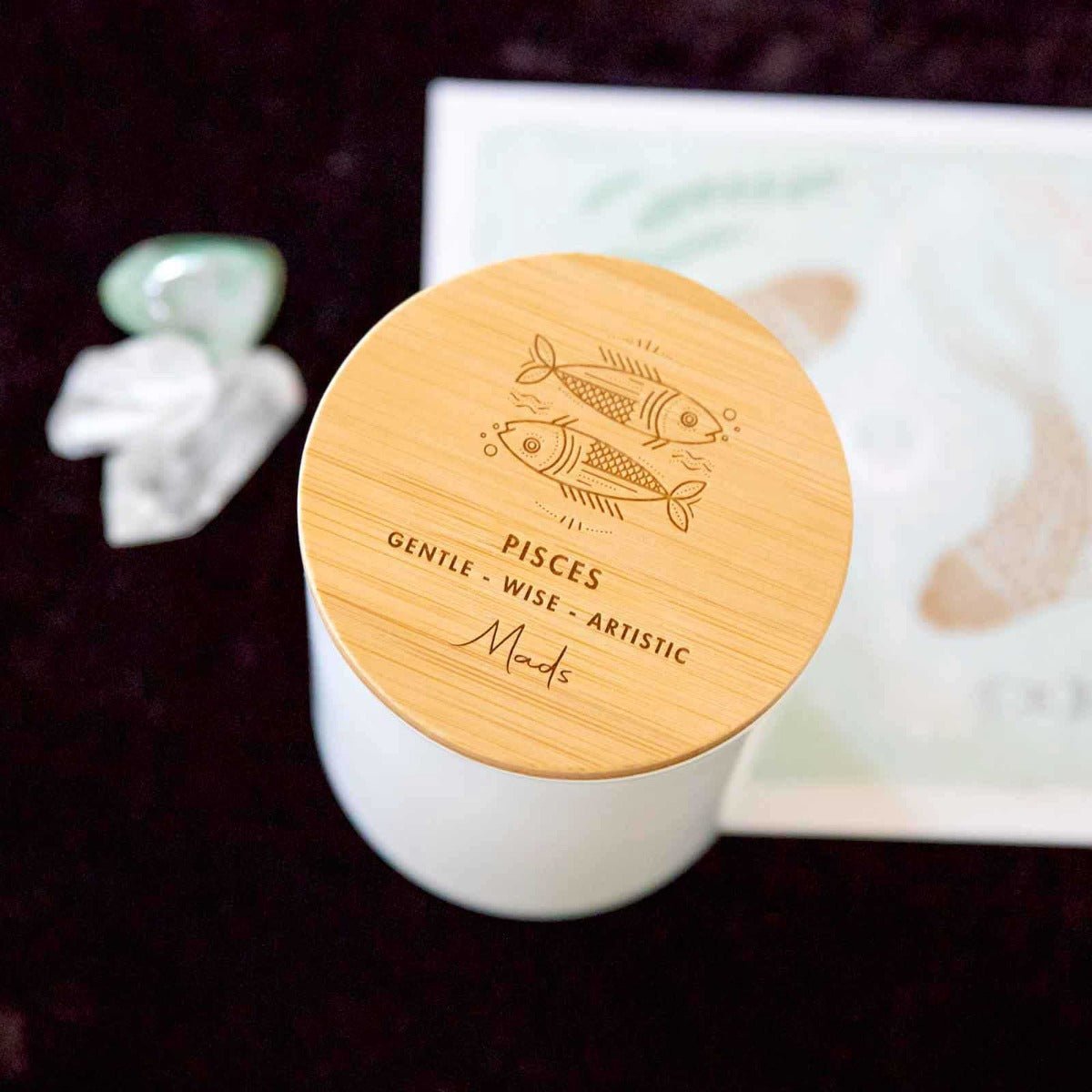 Engraved Wooden Lid Zodiac Soy Candle Pisces with Wood Wick
