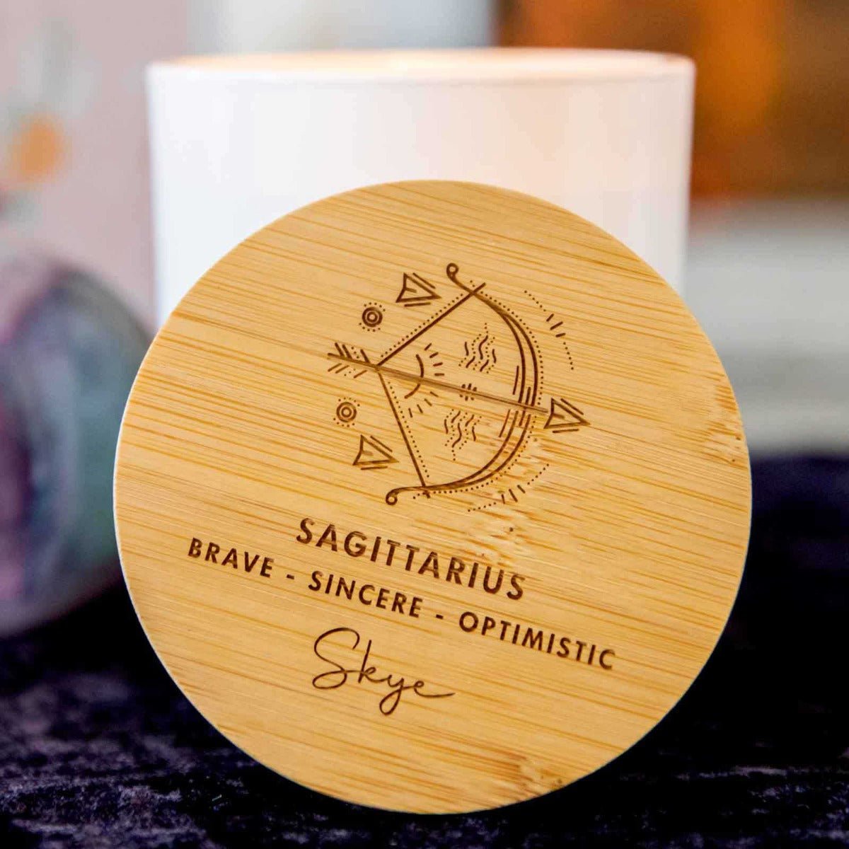 Engraved Wooden Lid Zodiac Soy Candle Sagittarius with Wood Wick
