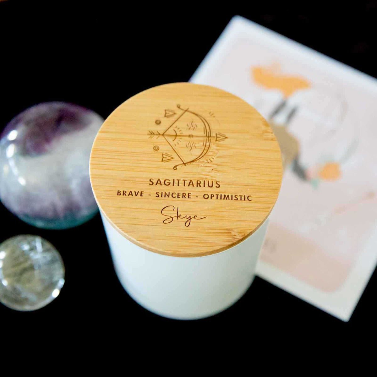 Engraved Wooden Lid Zodiac Soy Candle Sagittarius with Wood Wick