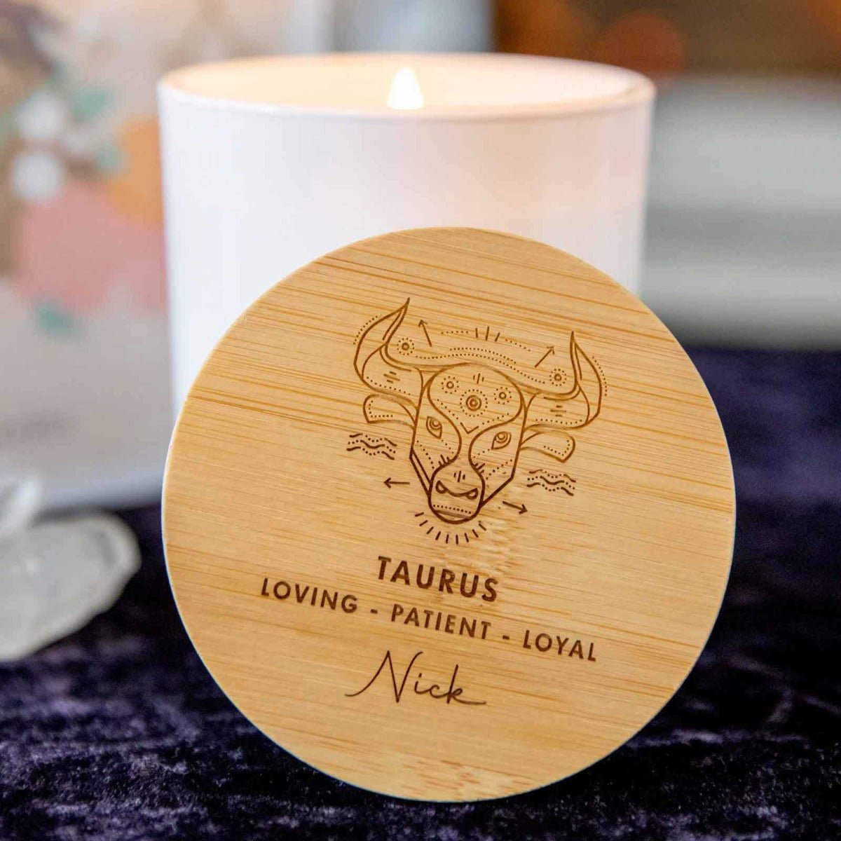 Engraved Wooden Lid Zodiac Soy Candle Taurus with Wood Wick