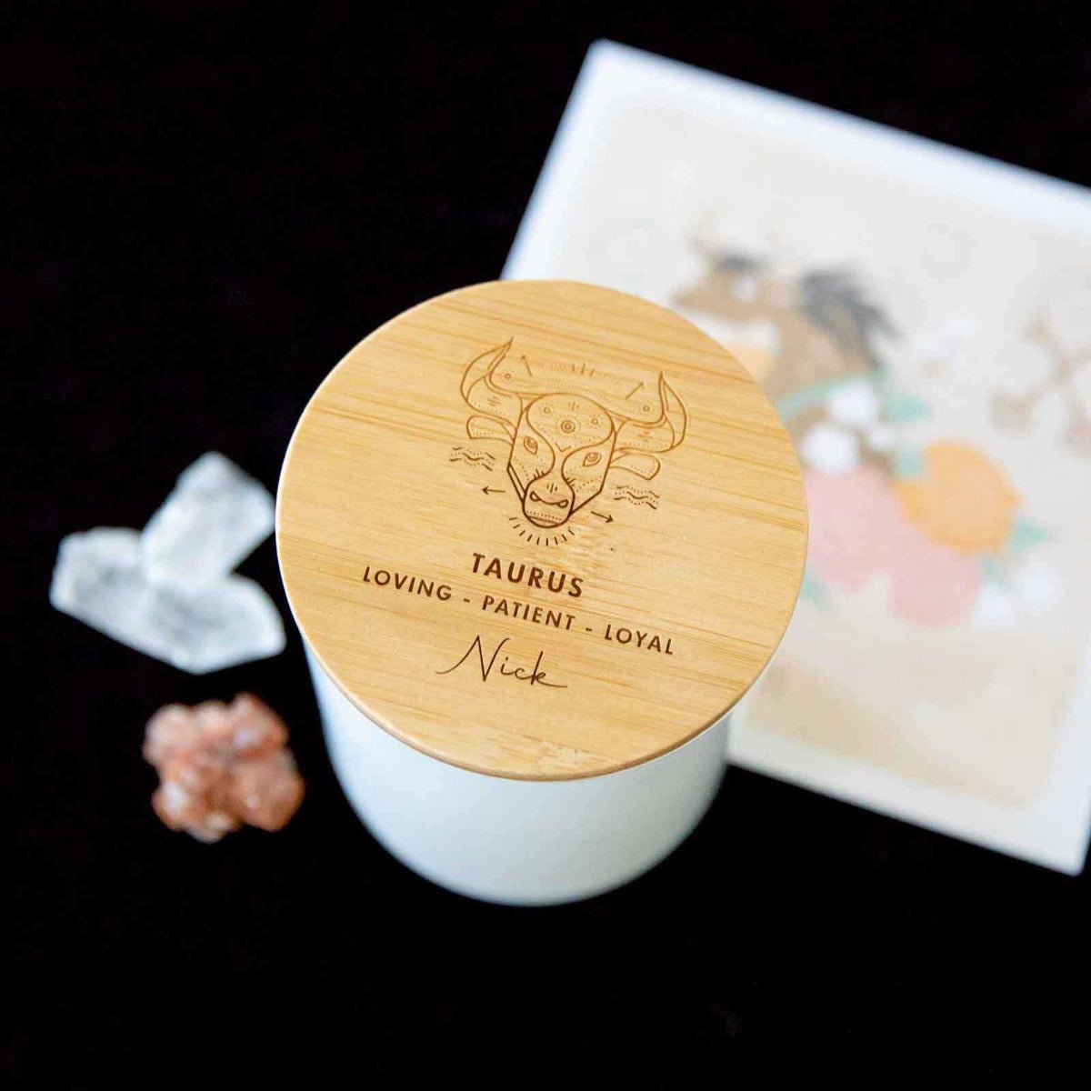 Engraved Wooden Lid Zodiac Soy Candle Taurus with Wood Wick