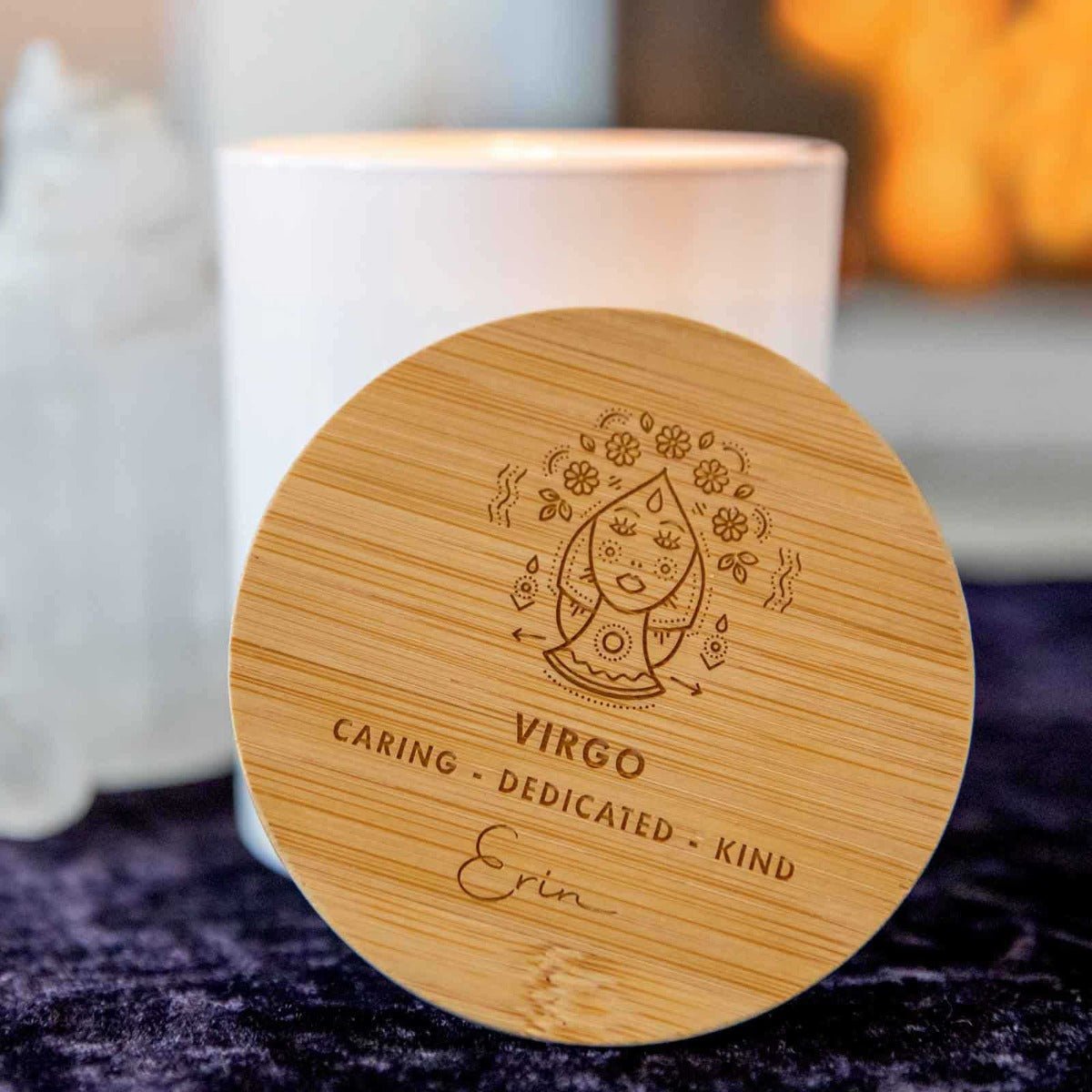 Engraved Wooden Lid Zodiac Soy Candle Virgo with Wood Wick