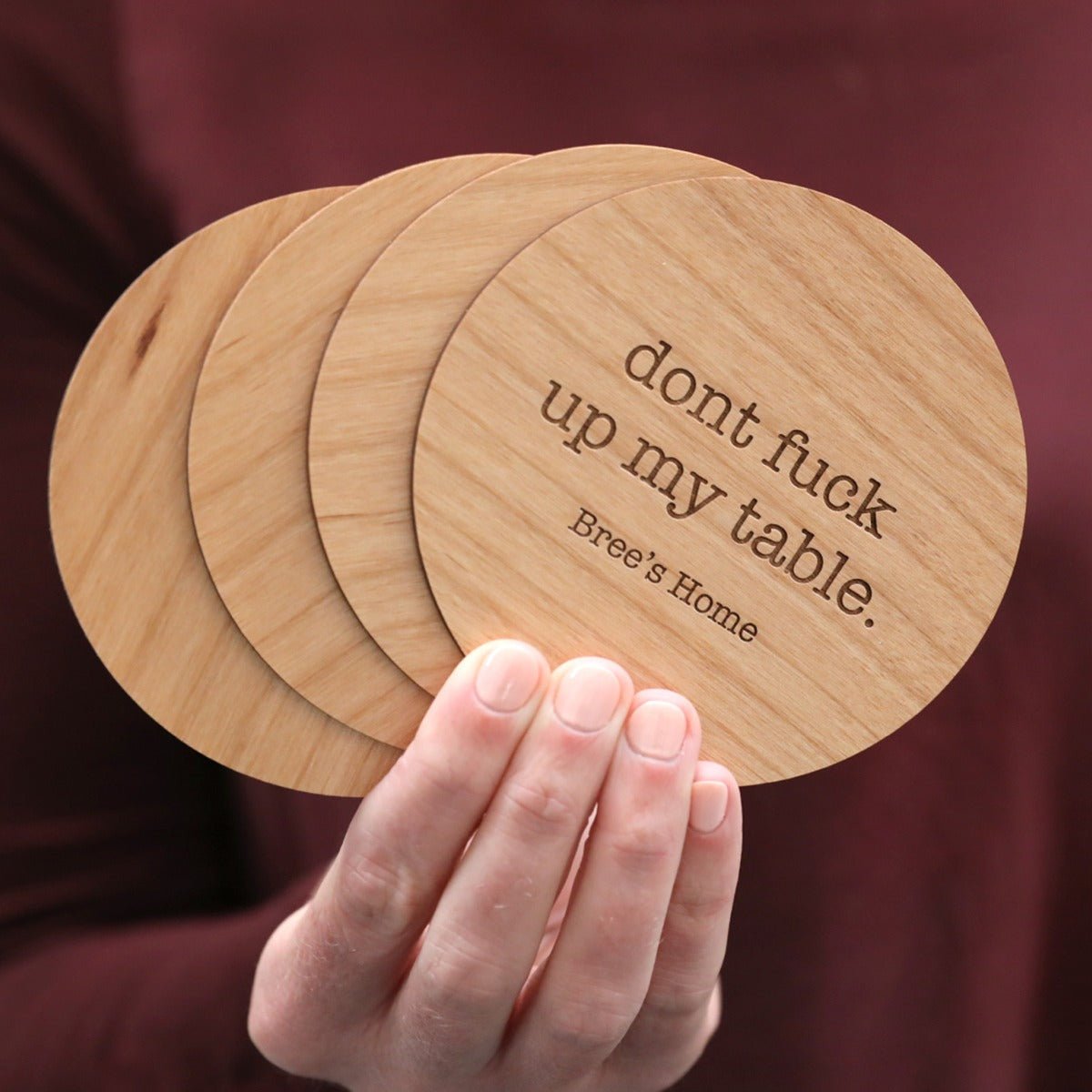 Don’t Mess Up My Table Set of 4 Engraved Wooden Coasters with Gift Box