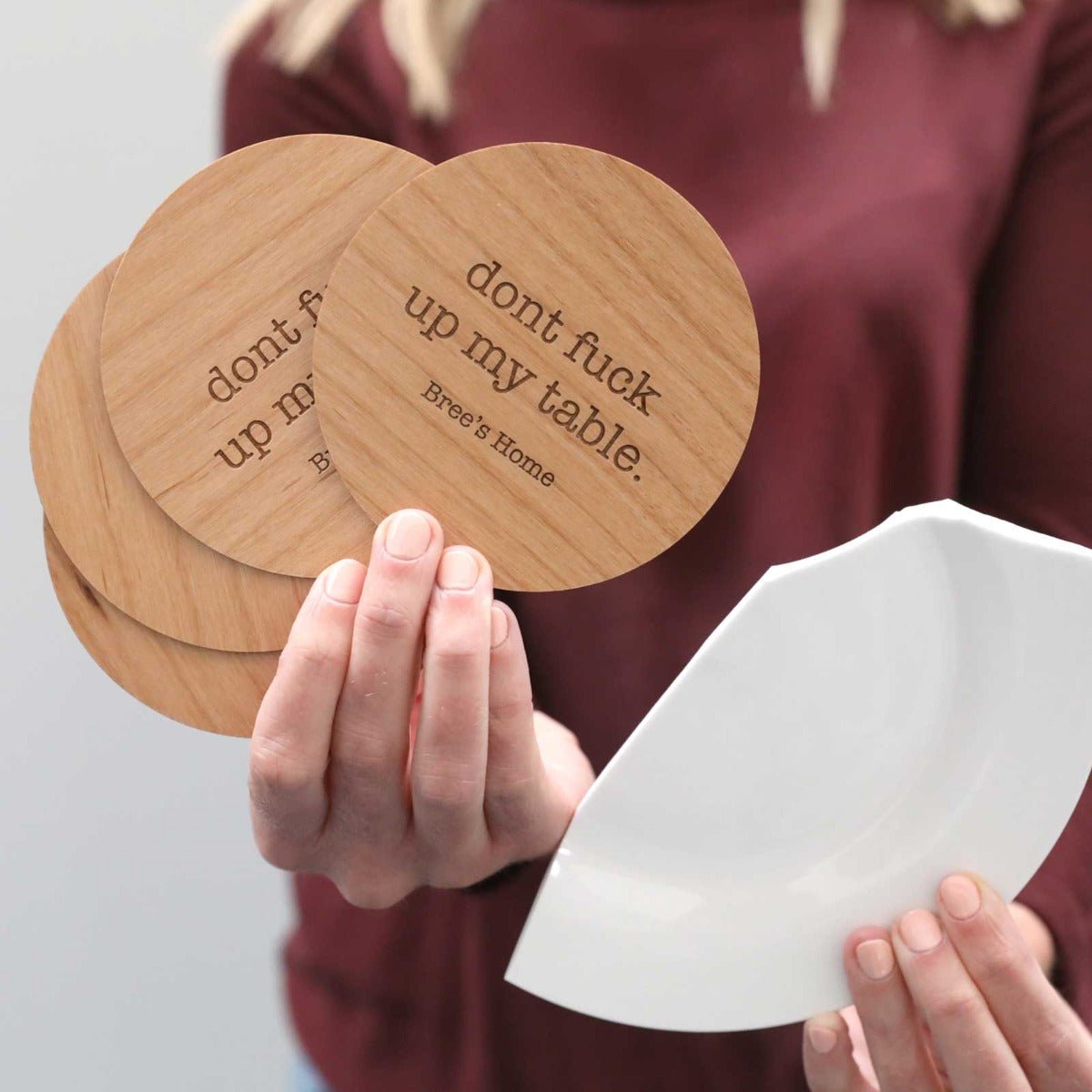 Don’t Mess Up My Table Set of 4 Engraved Wooden Coasters with Gift Box