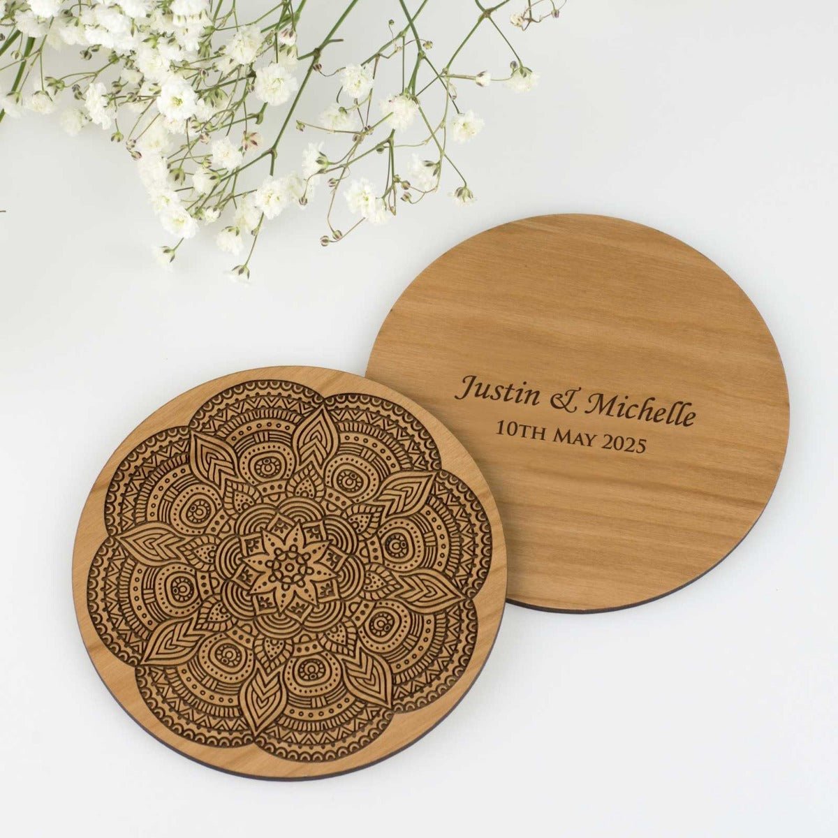 Engraved Mandala Inspired Wooden Wedding Coaster