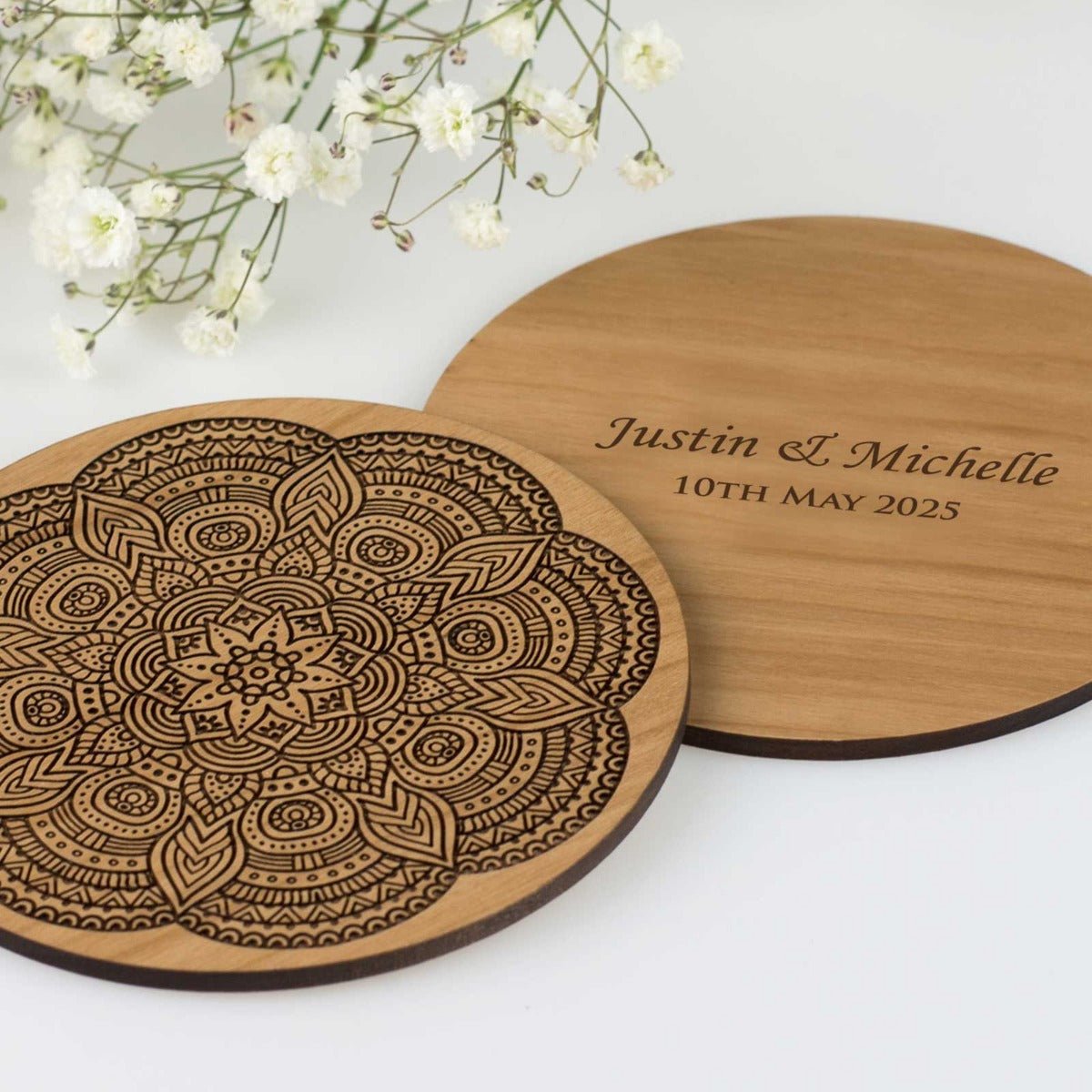 Engraved Mandala Inspired Wooden Wedding Coaster