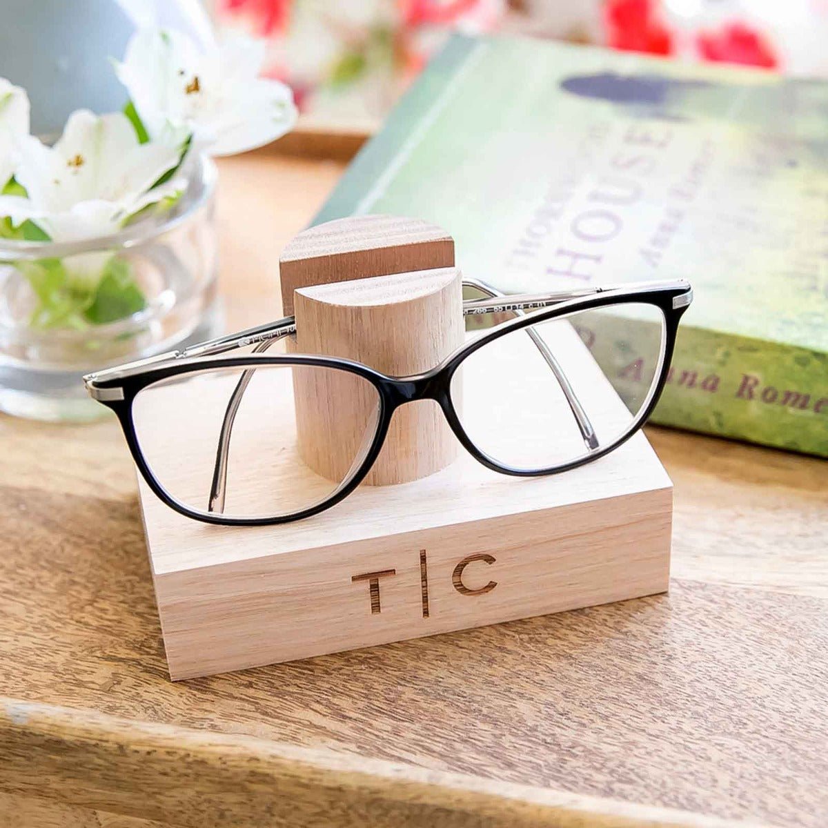 Engraved Tasmanian Oak Reading Glasses Stand Birthday Gift