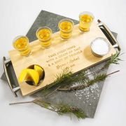 Engraved Wooden Handled Serving Board with Shot Glasses and Condiment Cups