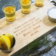 Engraved Wooden Handled Serving Board with Shot Glasses and Condiment Cups