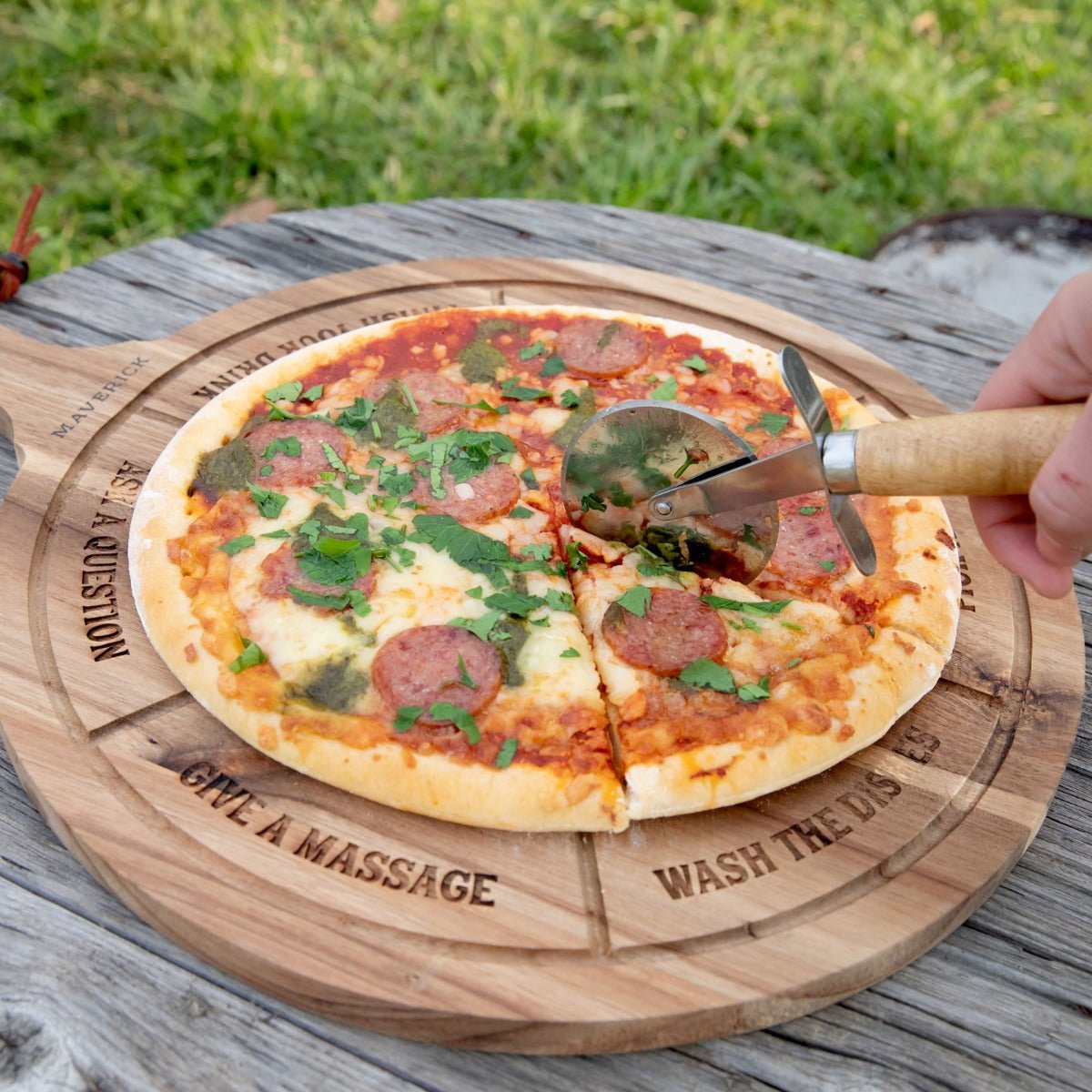 Engraved Acacia Wood Pizza Board with Pizza Wheel Cutter