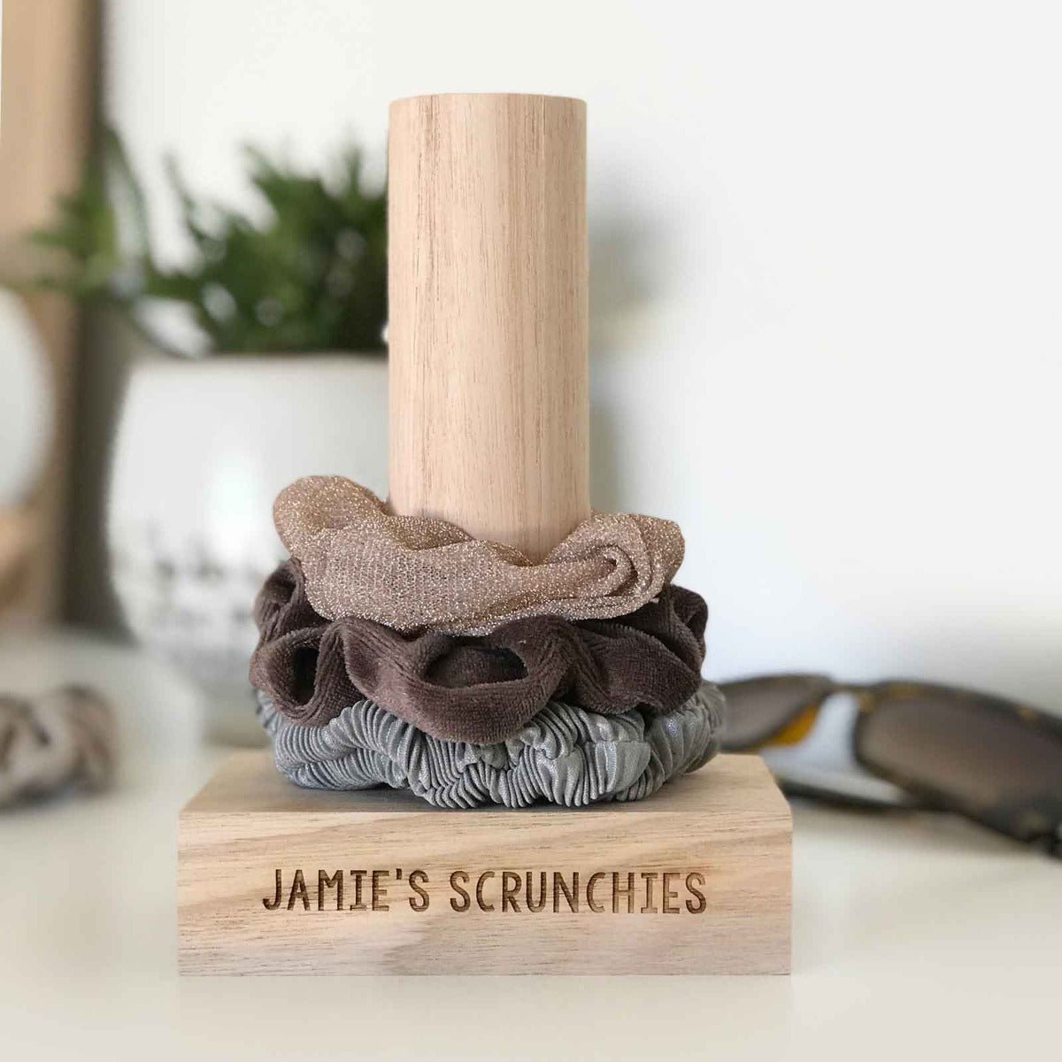 Engraved Tasmanian Oak Wooden Scrunchie Stand