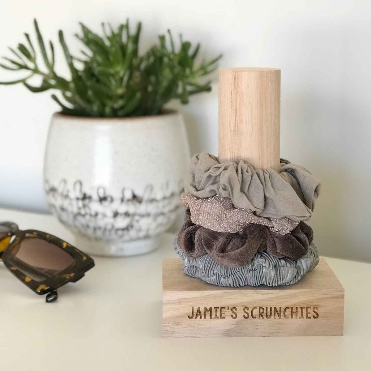 Engraved Tasmanian Oak Wooden Scrunchie Stand