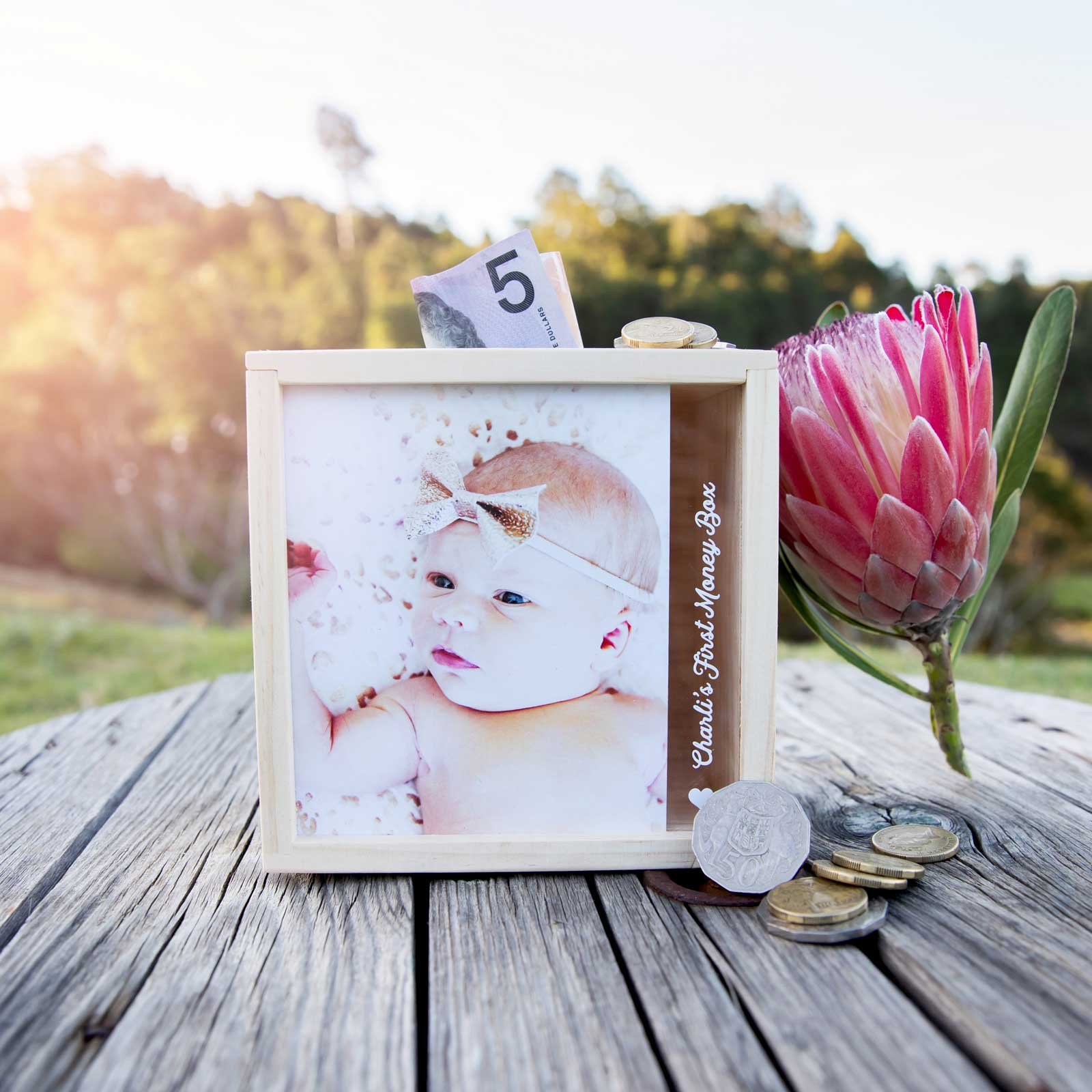 Photo Printed Child’s First Wooden Money Box