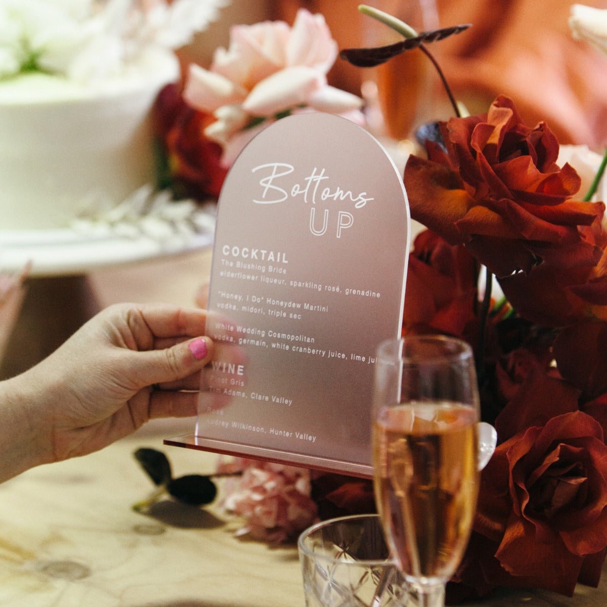 Rounded Acrylic Wedding Drink Menu with Stand