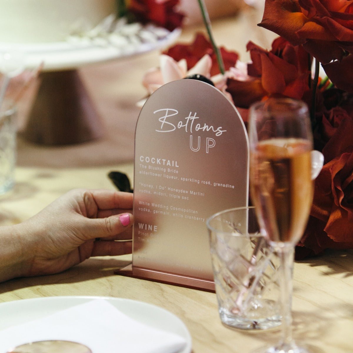 Rounded Acrylic Wedding Drink Menu with Stand