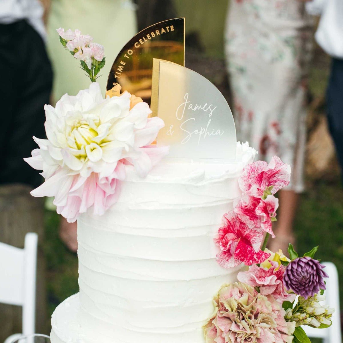 Engraved Frosted Mirror Gold Semi Arch Wedding Cake Toppers
