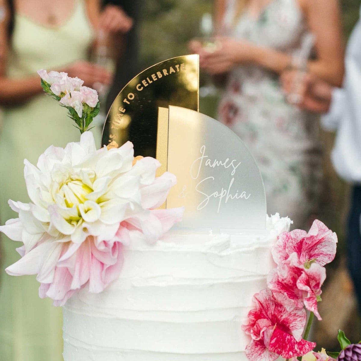 Engraved Frosted Mirror Gold Semi Arch Wedding Cake Toppers