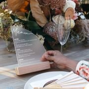 Engraved Frosted Acrylic Sail Menu with Wooden Base