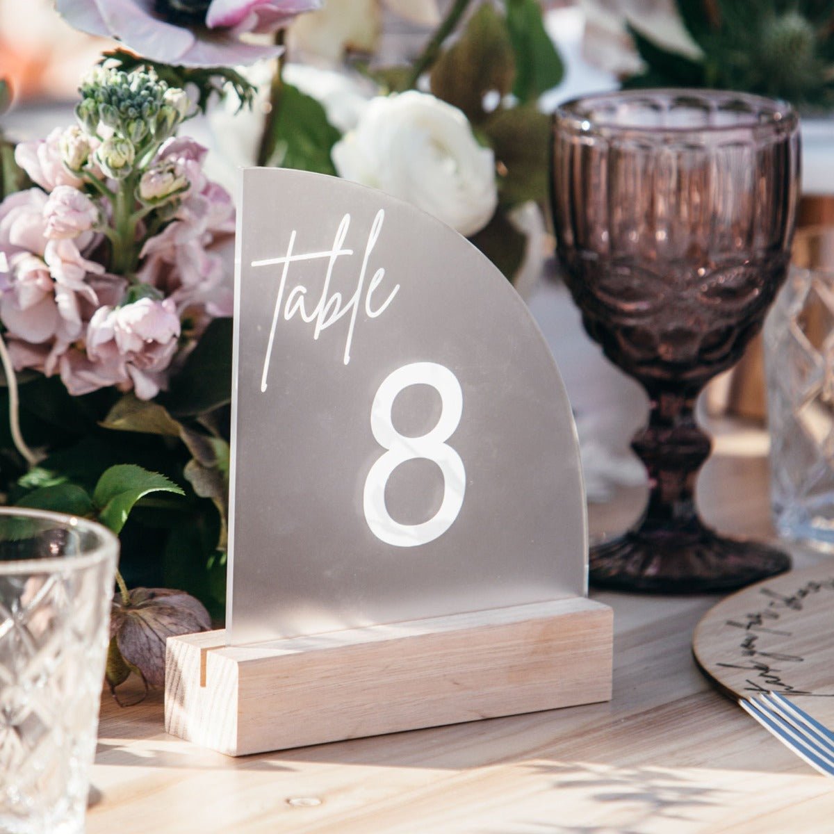 Engraved Frosted Acrylic Sail Table Number with Wooden Base