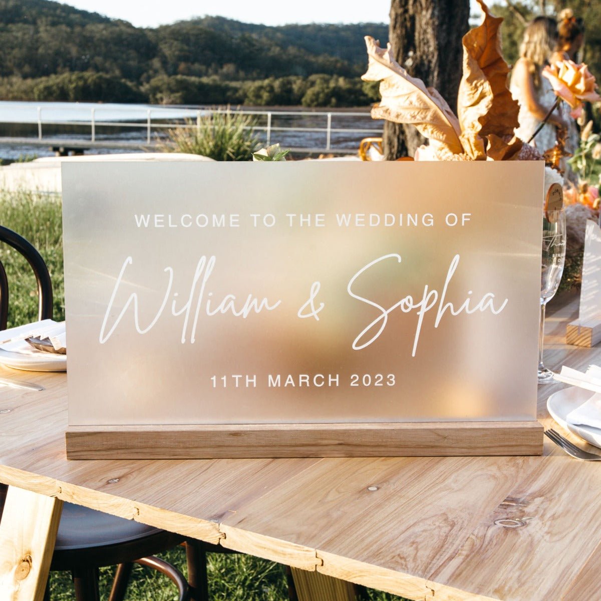 Engraved Acrylic Wedding Sign with Wooden Base