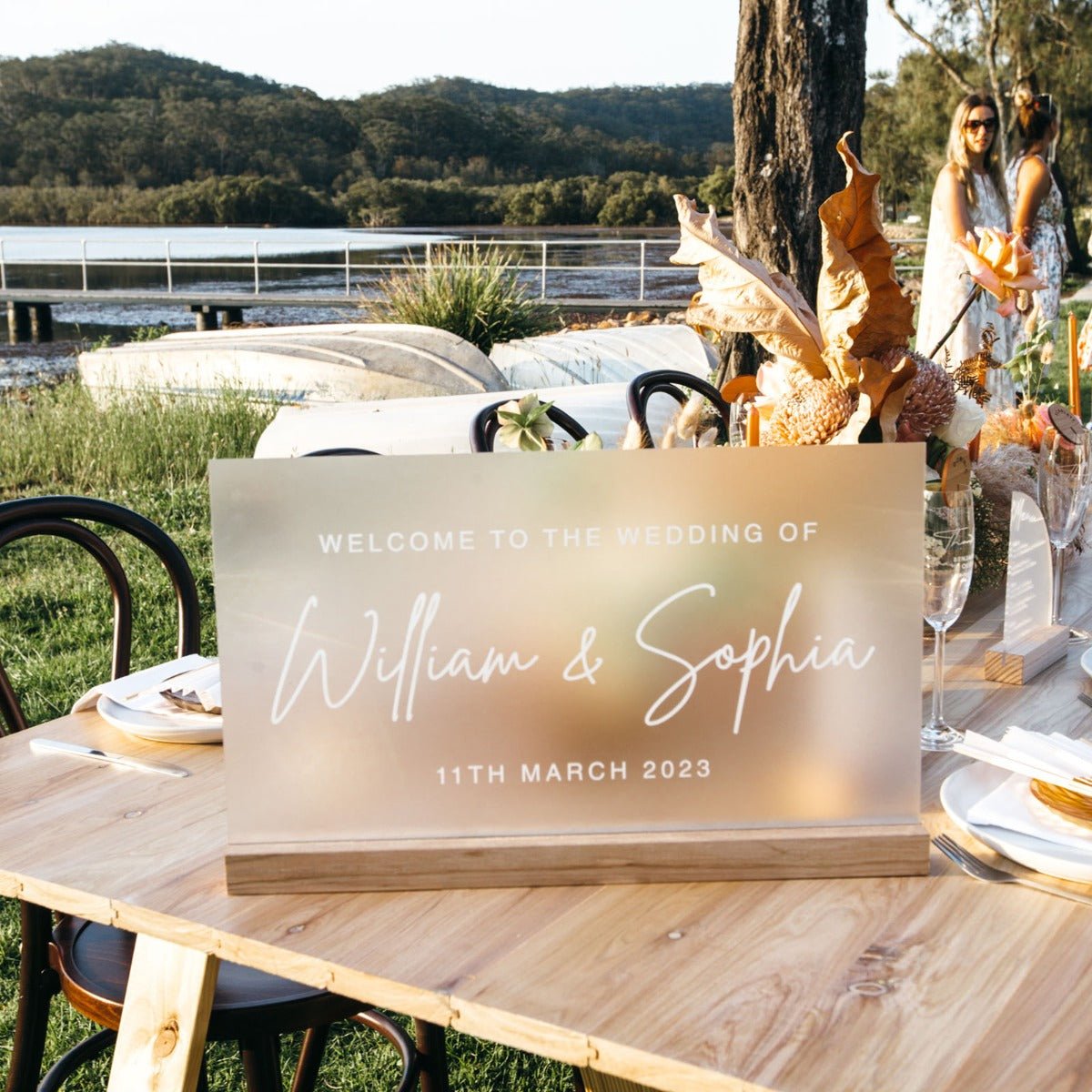 Engraved Acrylic Wedding Sign with Wooden Base