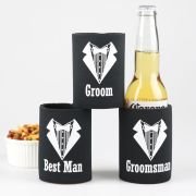 Groom. Best Man and Groomsman Printed Black Stubby Holders