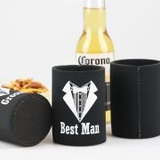 Groom. Best Man and Groomsman Printed Black Stubby Holders