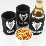 Groom. Best Man and Groomsman Printed Black Stubby Holders