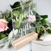 Engraved Clear Acrylic Gifts & Cards Sign with Wooden Base