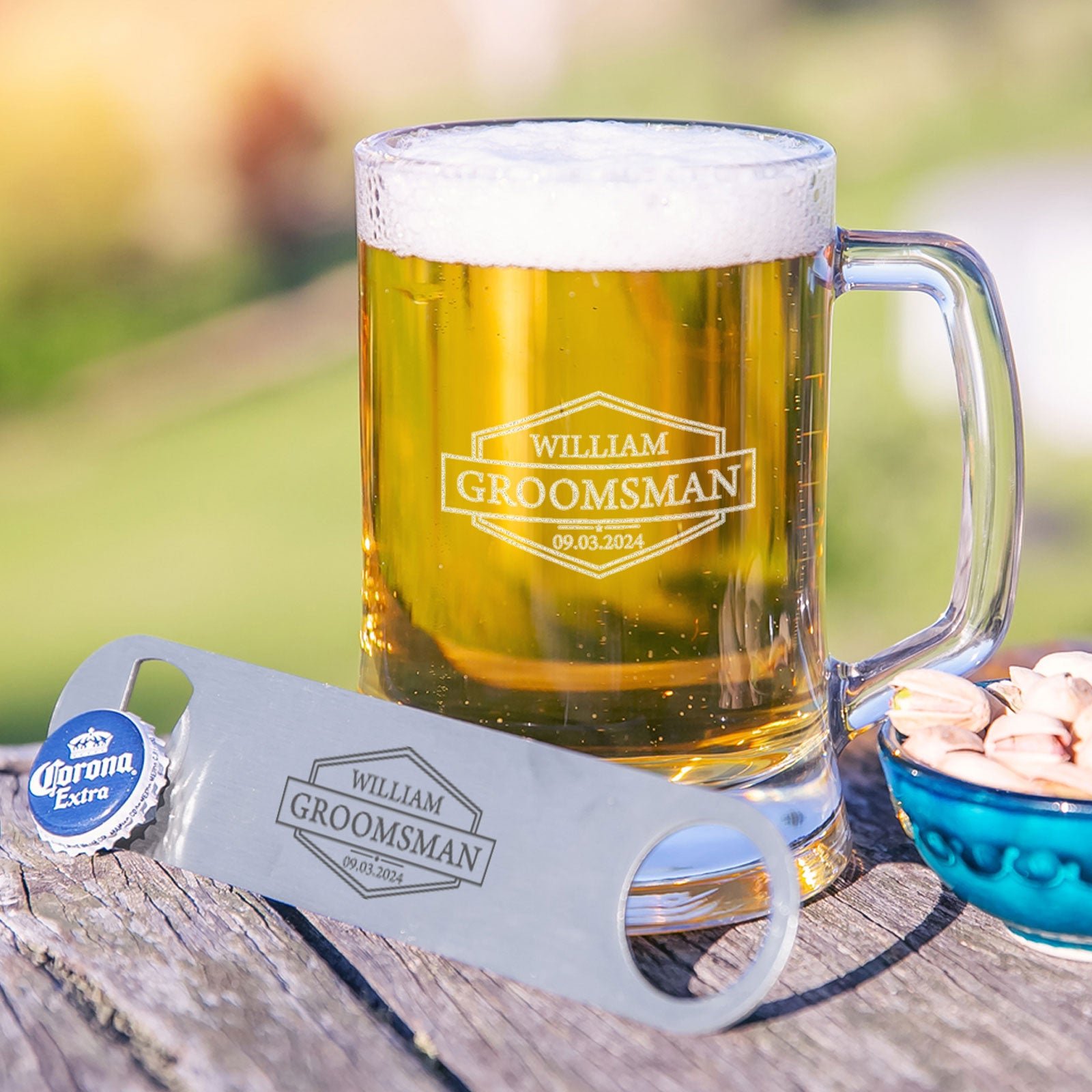 Gift Boxed Engraved Bridal Party 500ml Beer Mug and Stainless Steel Barmate