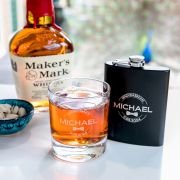 Gift Boxed Bridal Party Engraved Round Scotch Glass and Black 7oz Hip Flask