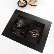 Gift Boxed Bridal Party Engraved Round Scotch Glass and Black 7oz Hip Flask