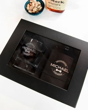 Gift Boxed Bridal Party Engraved Round Scotch Glass and Black 7oz Hip Flask