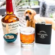 Gift Boxed Bridal Party Engraved Round Scotch Glass and Black 7oz Hip Flask