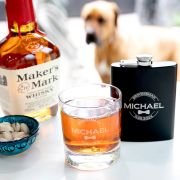 Gift Boxed Bridal Party Engraved Round Scotch Glass and Black 7oz Hip Flask