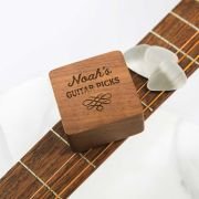 Silver Guitar Picks with Engraved Wooden Keepsake Box
