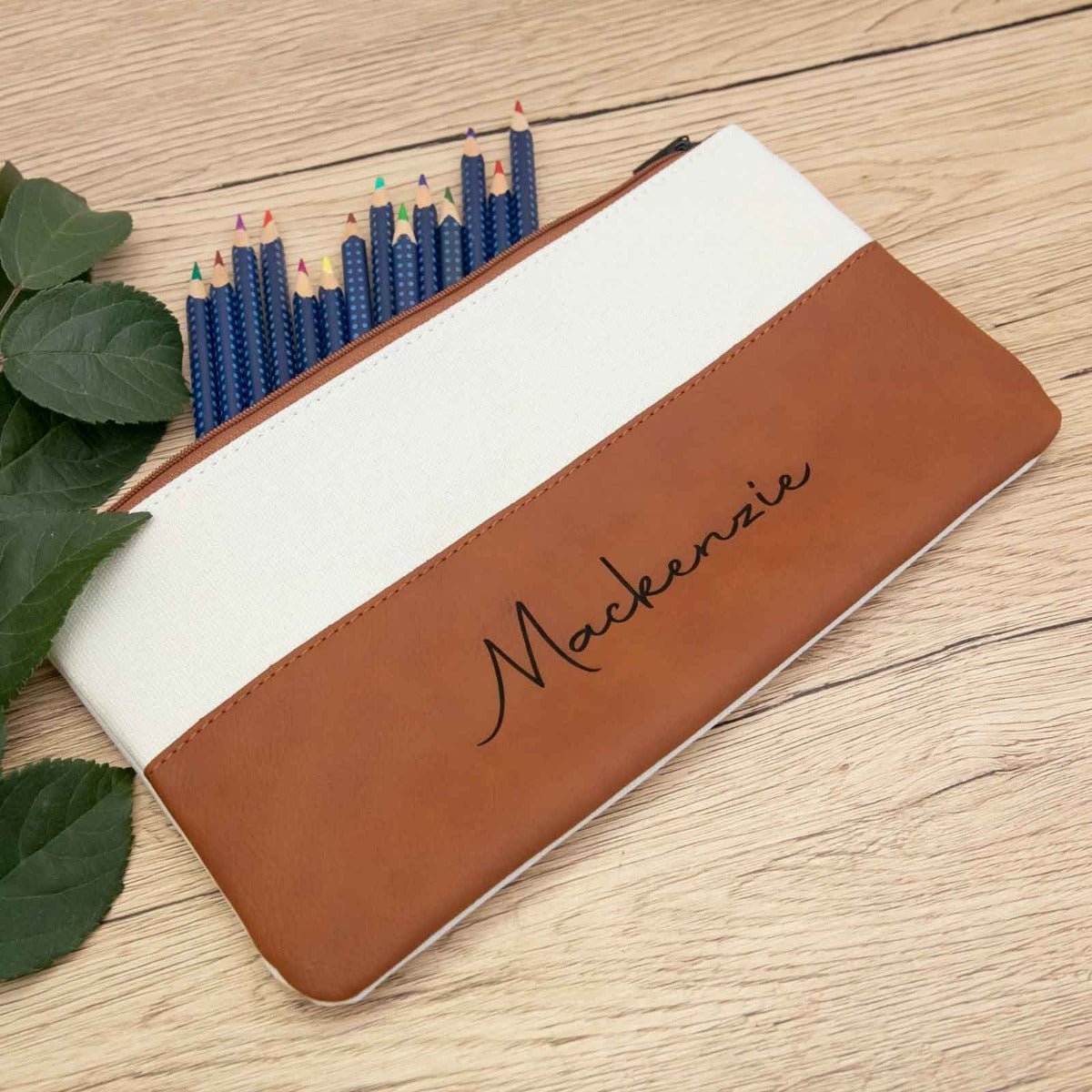 Engraved Tan Leatherette Pencil Case